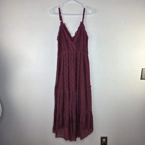 Willow & Root Earth Red Crochet V Neck Adjustible Strap Tiered Maxi Dress Length - Picture 9 of 15